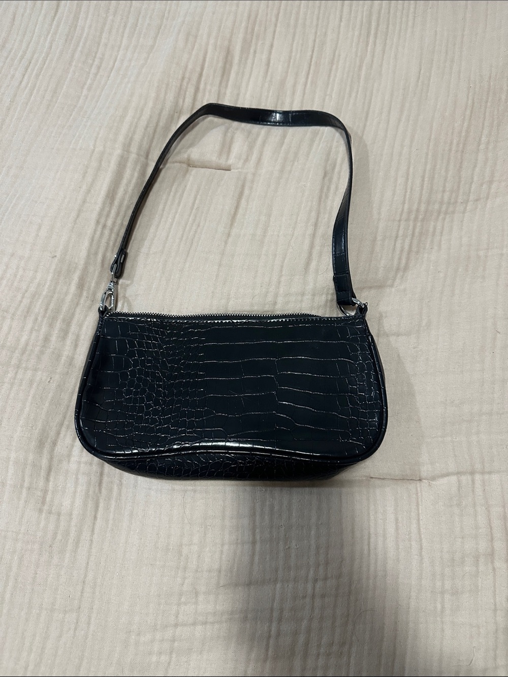 Black Croc-Embossed Shoulder Bag